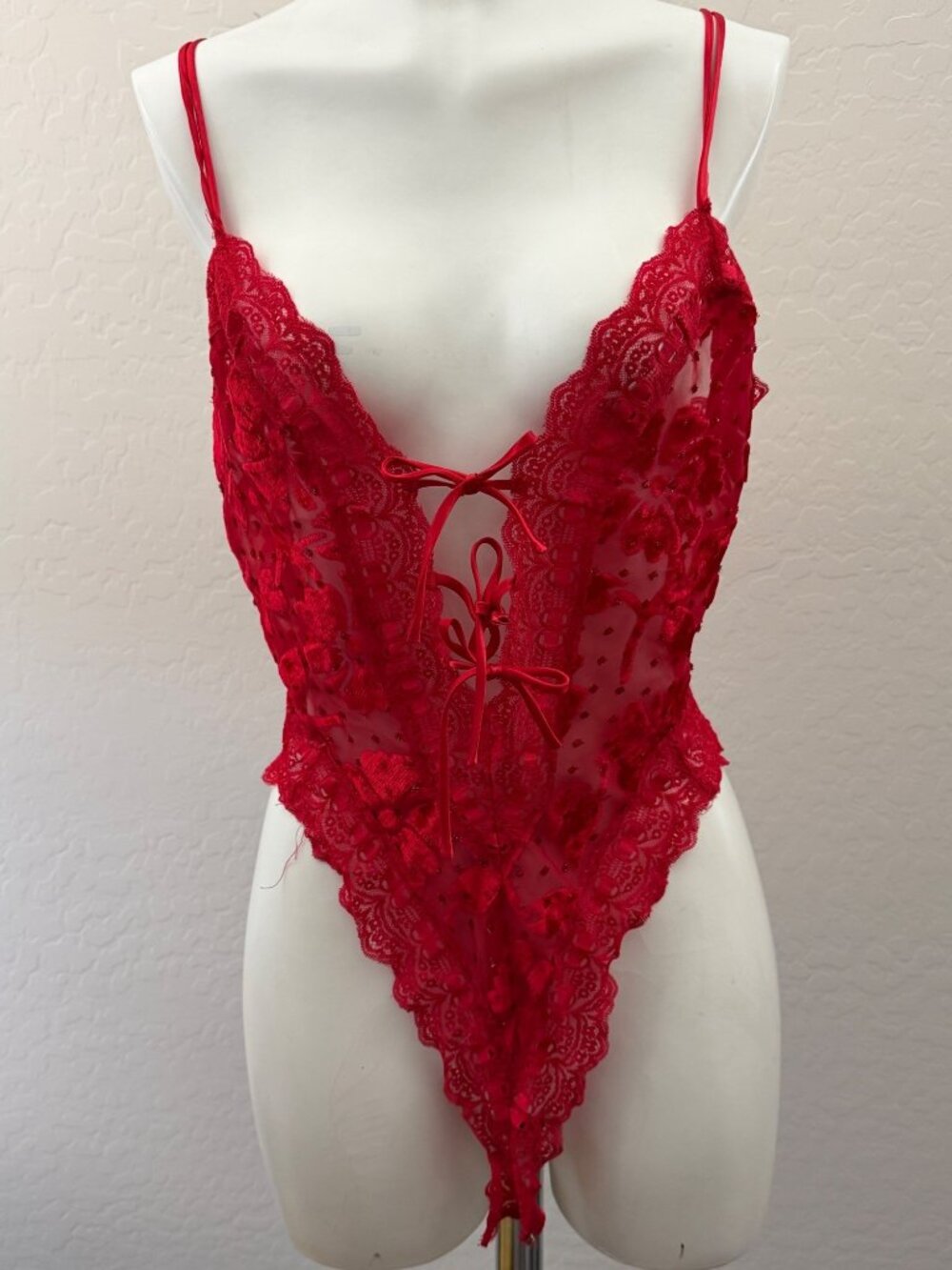 Vintage Victoria's Secret Red Lace Sheer High Hip Lingerie Teddy sz S (D970)